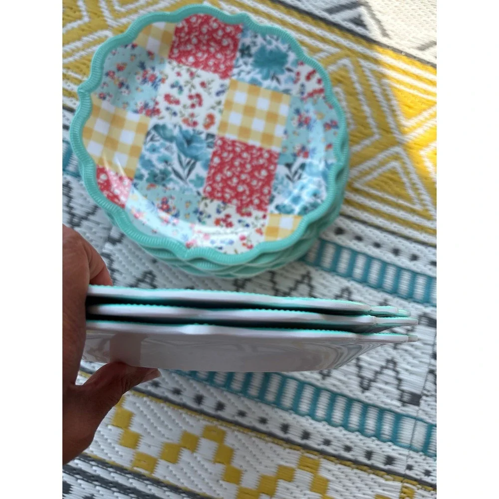 Pioneer Woman Melamine Salad Plate Set 9in Floral Patchwork Scalloped Teal 10pc